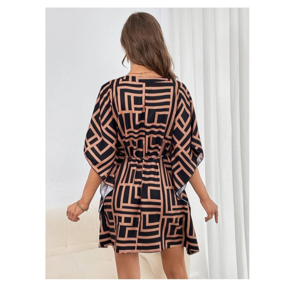 SHEIN Dress Clasi Allover Print Batwing Sleeve Belted, Women's, M - Picture 2 of 7